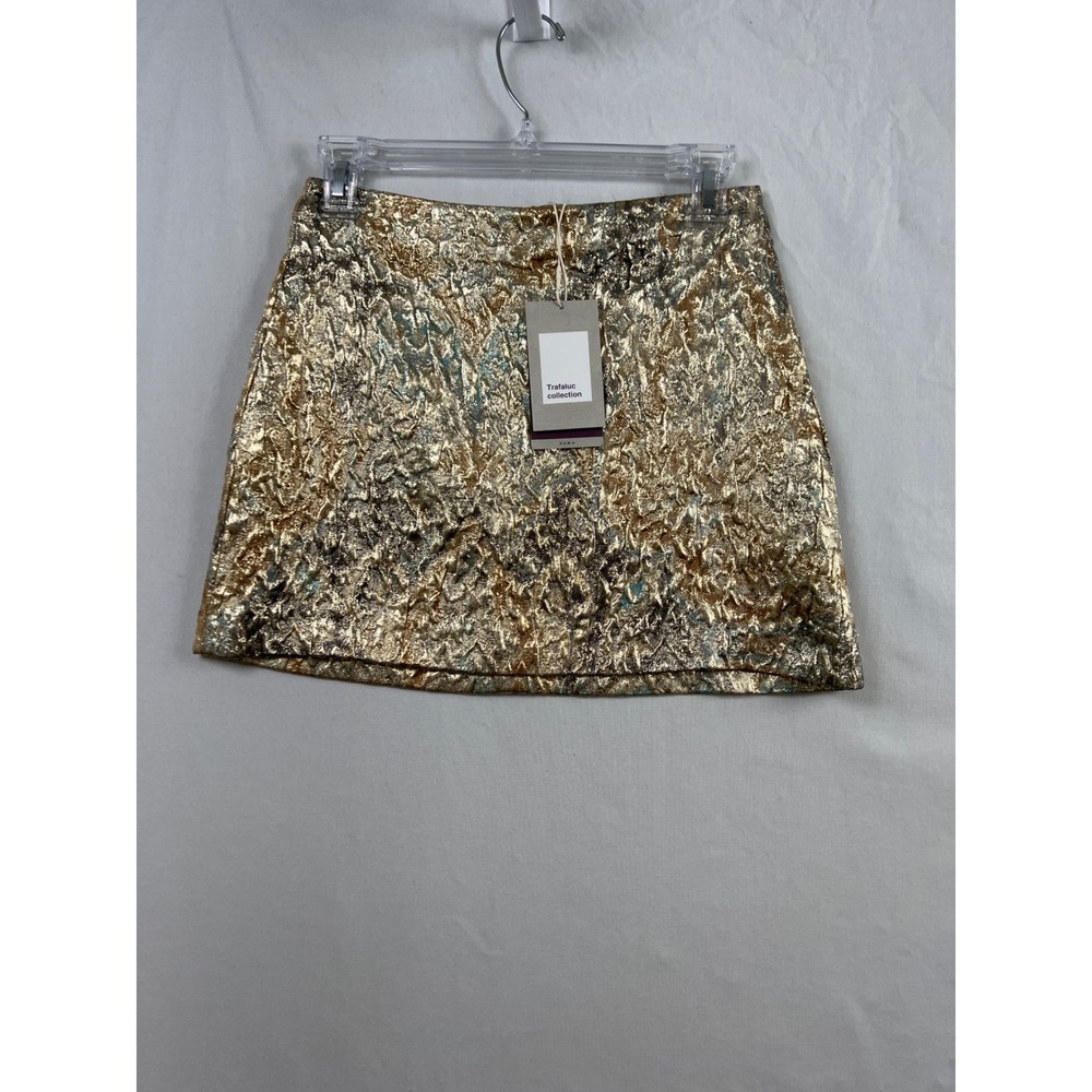 Zara Mini Skirt Womens XS Gold Metallic Brocade Textured Trafaluc Collection New